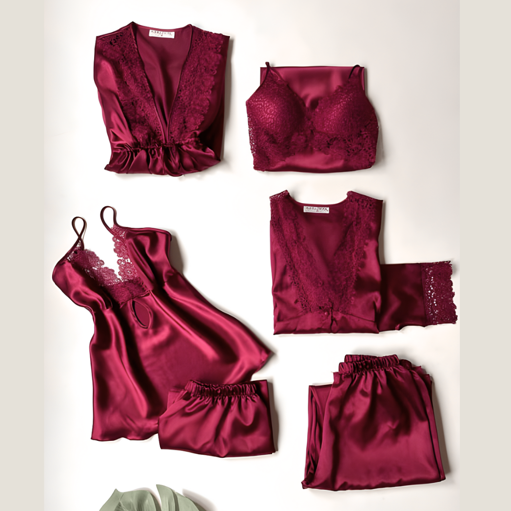 6 Pcs Satin Silk Women’s Nightwear & Sleepwear Set in Black, Maroon, Pink, Grey and Blue