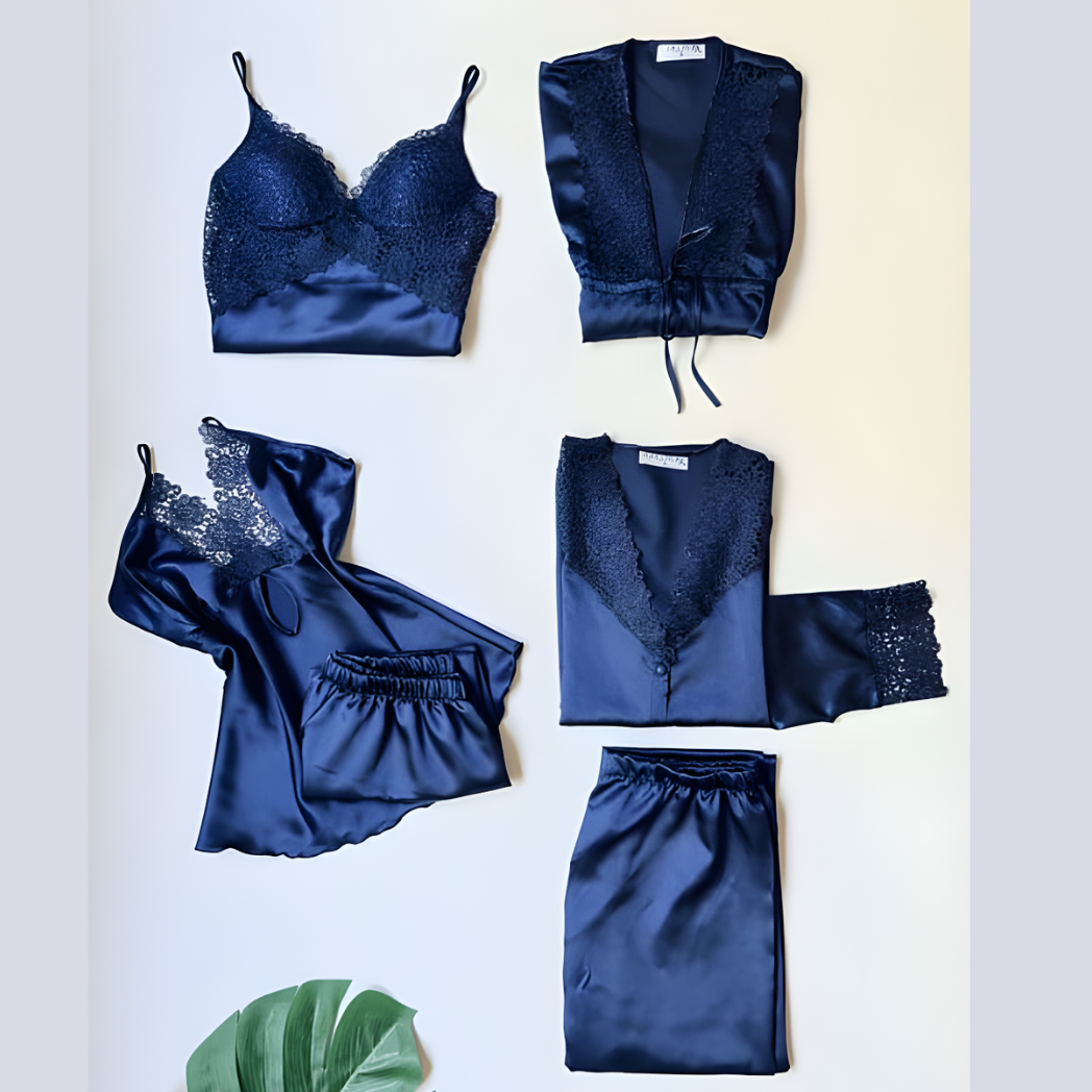 6 Pcs Satin Silk Women’s Nightwear & Sleepwear Set in Black, Maroon, Pink, Grey and Blue
