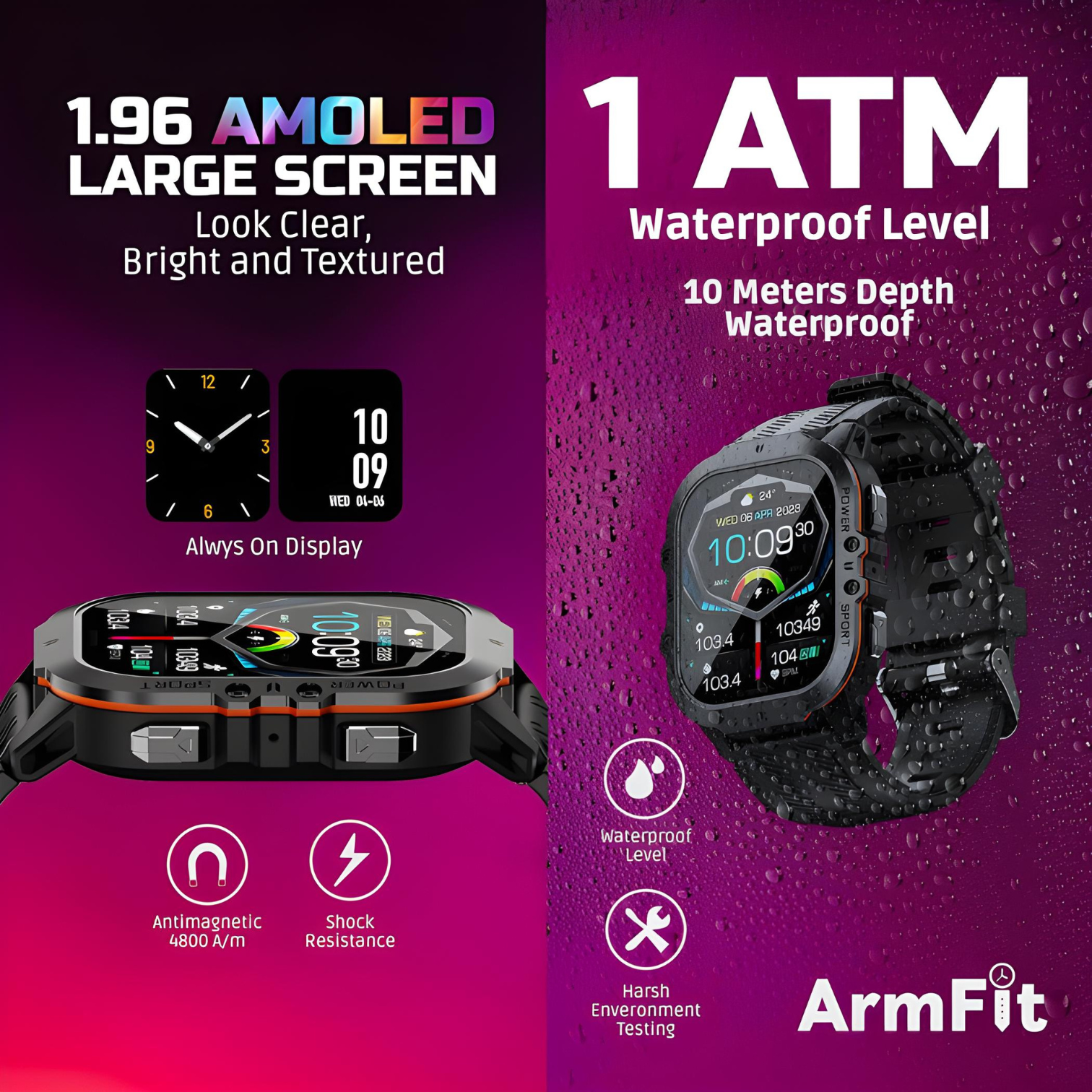 Armfit Code26 Smart watch with AMOLED Display Smartwatches for men, BT Calling Waterproof Fitness Watch with Heart Sleep Monitor for Android iOS