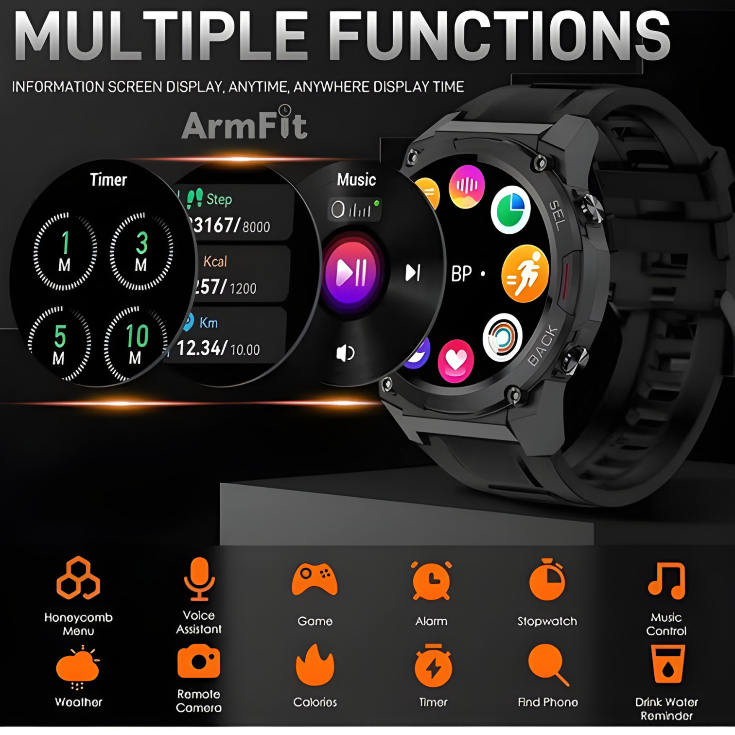 Armfit, Dream Smart Watch, Smartwatches for Men, AMOLED Display, Heart Rate Monitor, Blood Pressure Monitor, Music Play, BT Calling, Long Battery Life, Health Monitoring, Sleep Tracking, Bluetooth Notifications, Sports Watch, Stylish Design