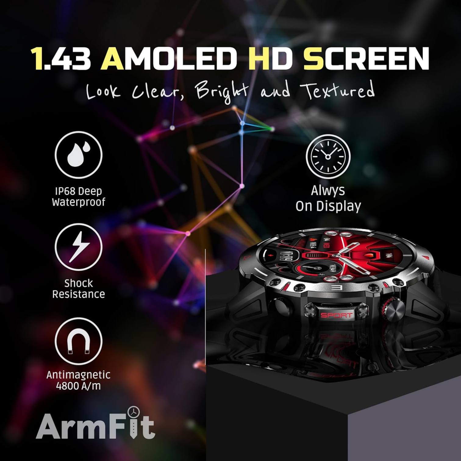 Armfit HULK Smart Watch For Men with AMOLED Display BT Calling Waterproof Fitness Watch with Heart Sleep Monitor for Android iOS