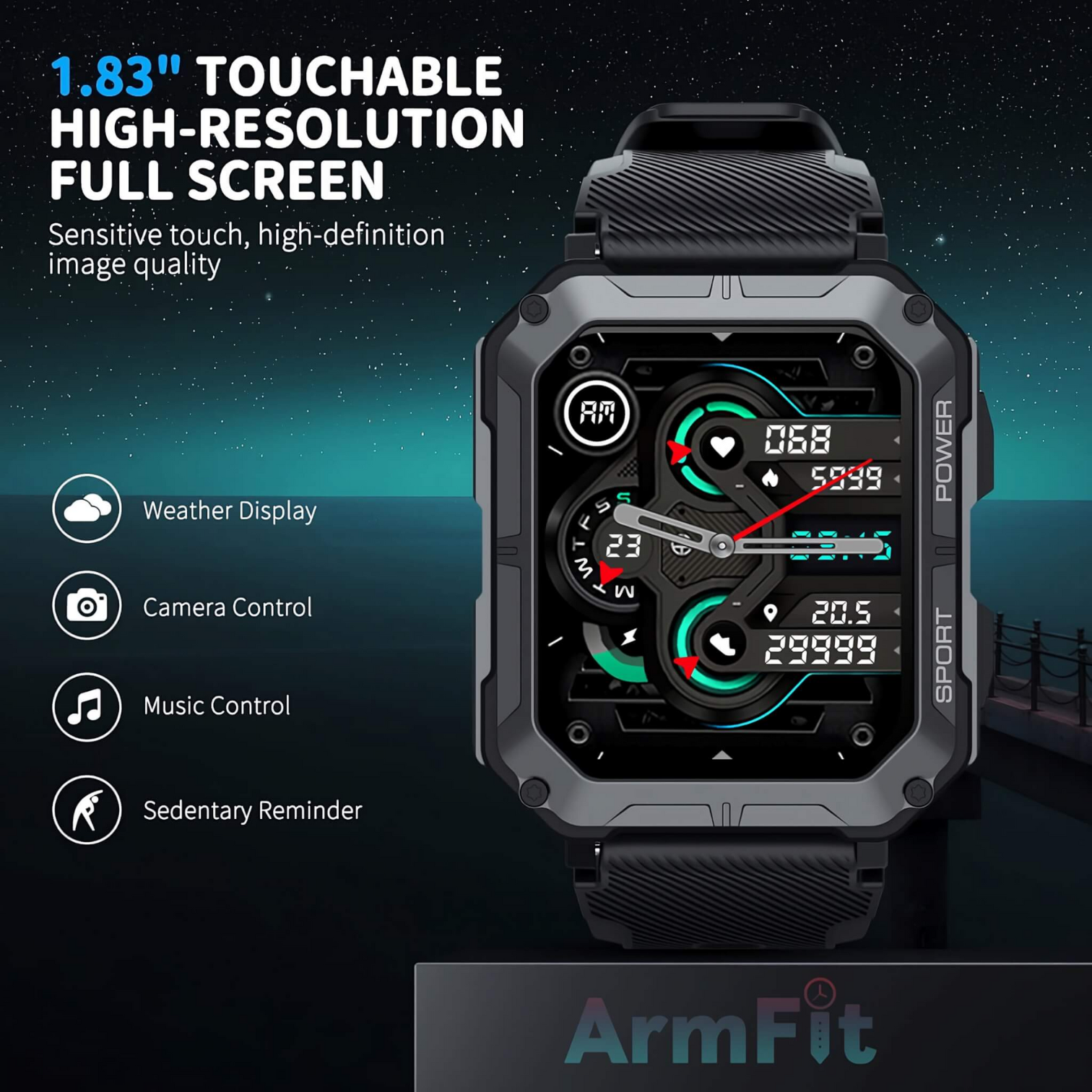 Armfit Smart Watch Code20Pro for UniSex with HD IPS Screen Heart Rate & Blood Pressure Music Play BT Calling 380mAh Long Time Battery Life