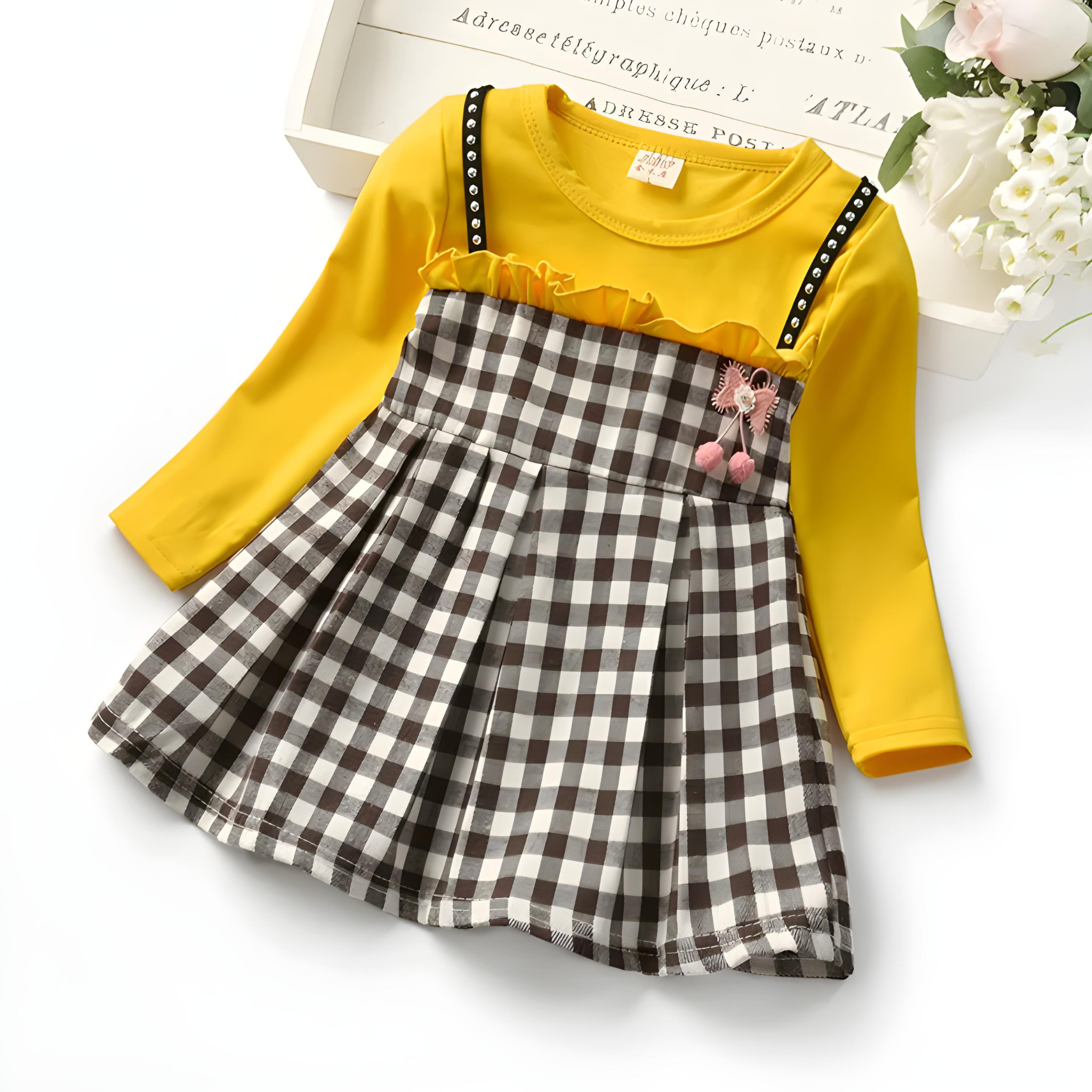 Baby Girls Rivet Plaid Long-Sleeved Dress - Toddler Fake Two-Piece Lace Princess Dress