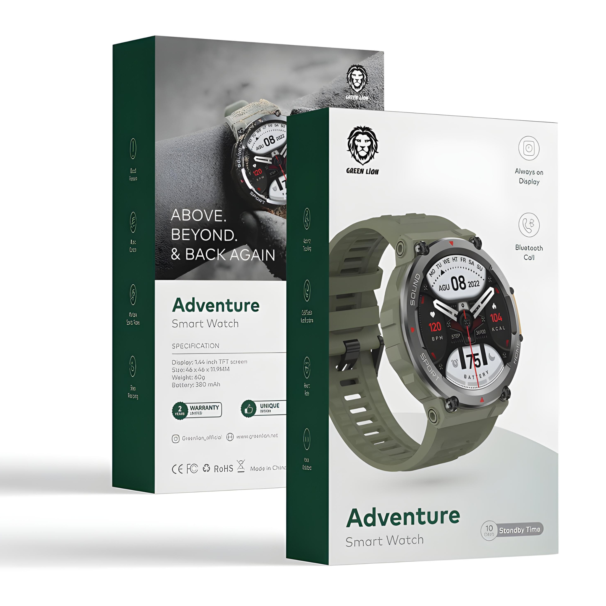 Green Lion Adventure Smart Watch - 10 Days Standby Time, Call/Social Notifications, Fitness Tracker, and Water-Resistant Design