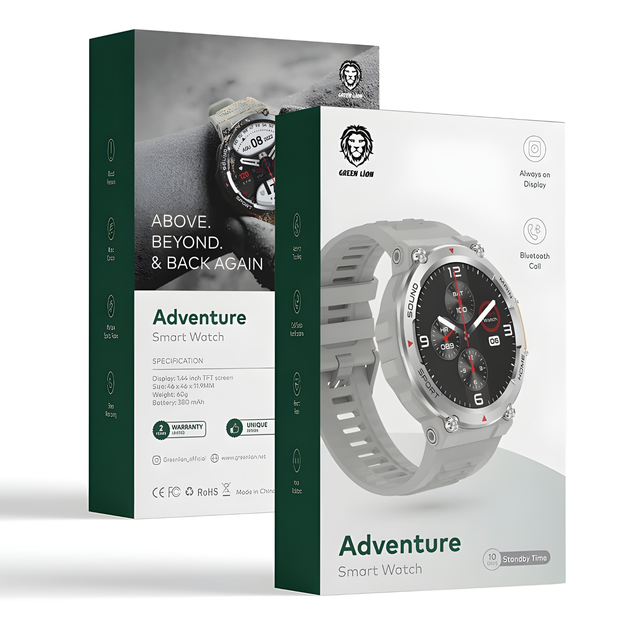 Green Lion Adventure Smart Watch - 10 Days Standby Time, Call/Social Notifications, Fitness Tracker, and Water-Resistant Design