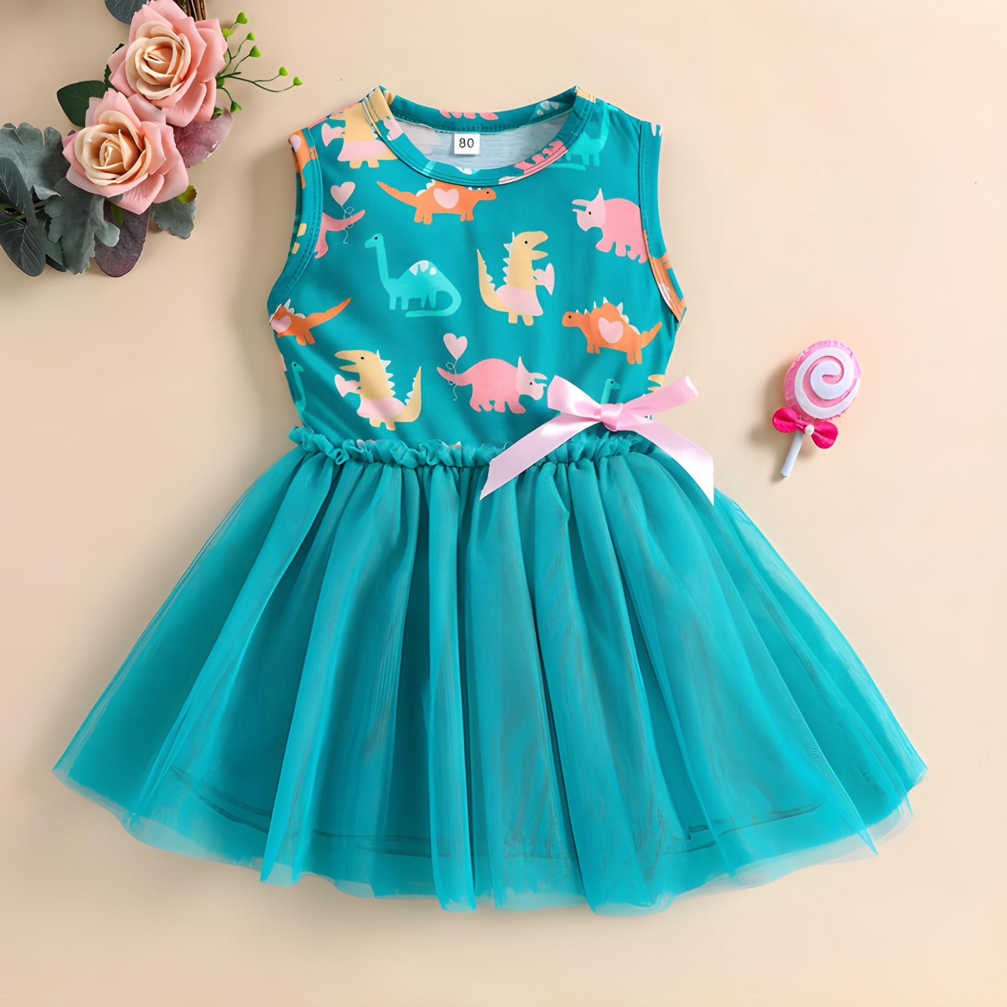 Girl Princess Dress - Baby Girl Sleeveless Dinosaur Print Mesh Dress for Kids' Party