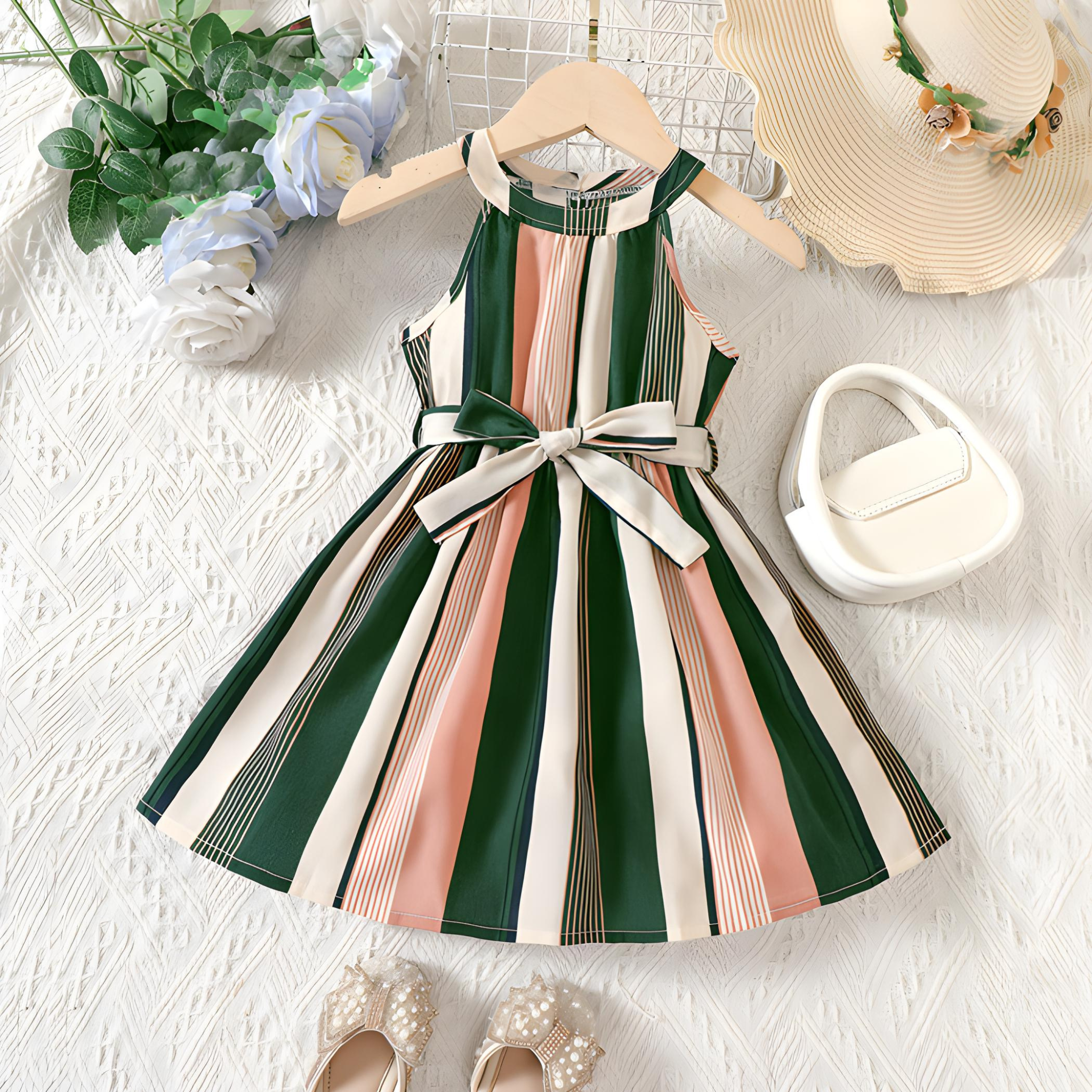 Girls Green Striped Casual Sundress - Seaside Resort Fashion