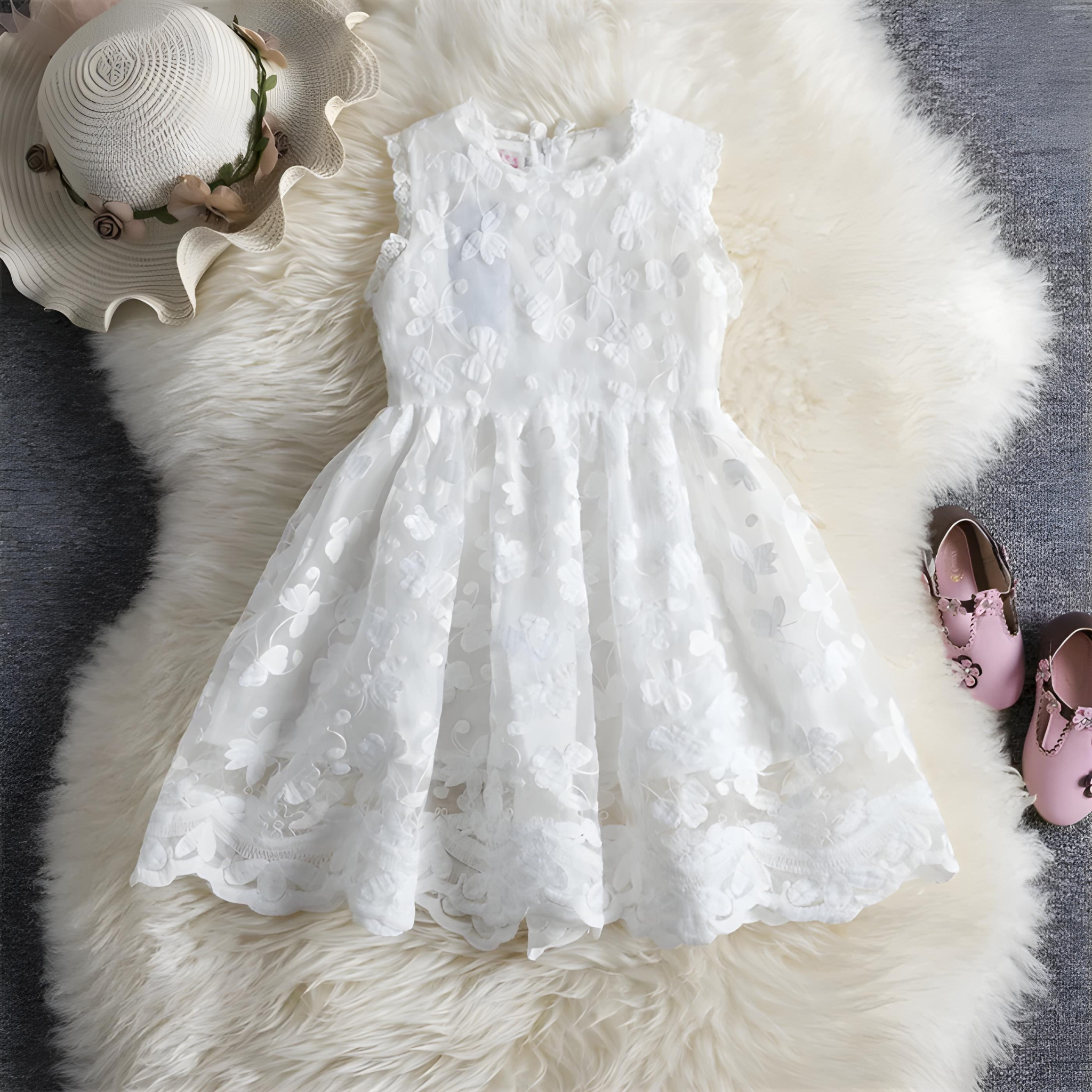 Girls' White Lace Tutu Flower Mesh Long Sleeve Party Dress