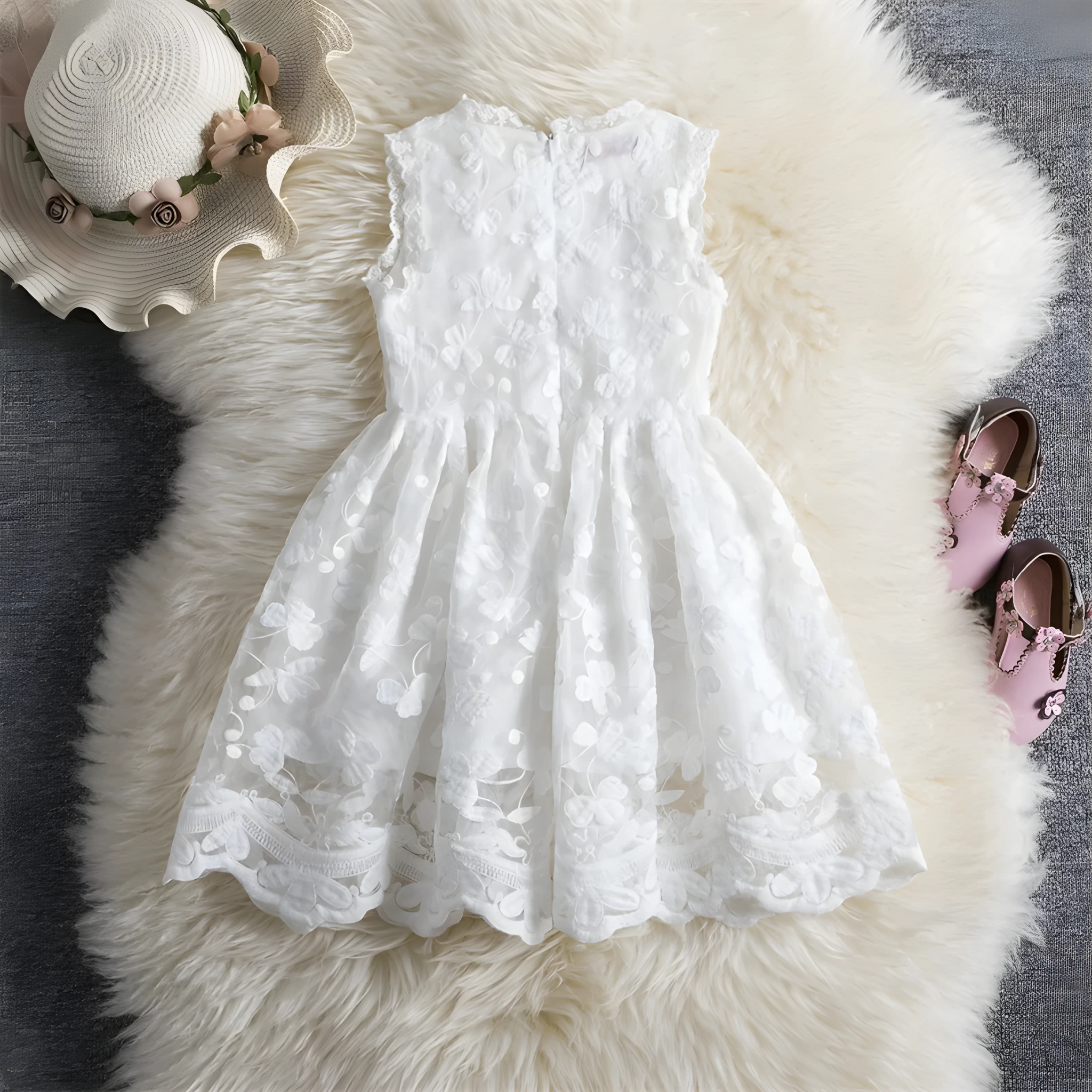 Girls' White Lace Tutu Flower Mesh Long Sleeve Party Dress