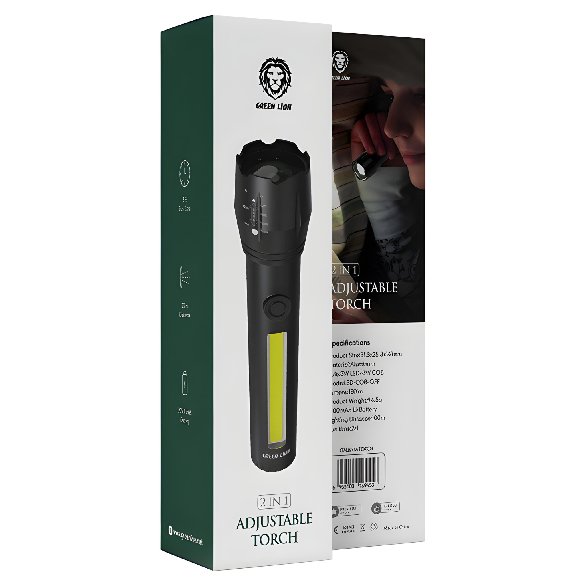 Green Lion 2-in-1 Adjustable Torch - 3W LED, 130lm, 1200mAh, Flashlight and Lantern