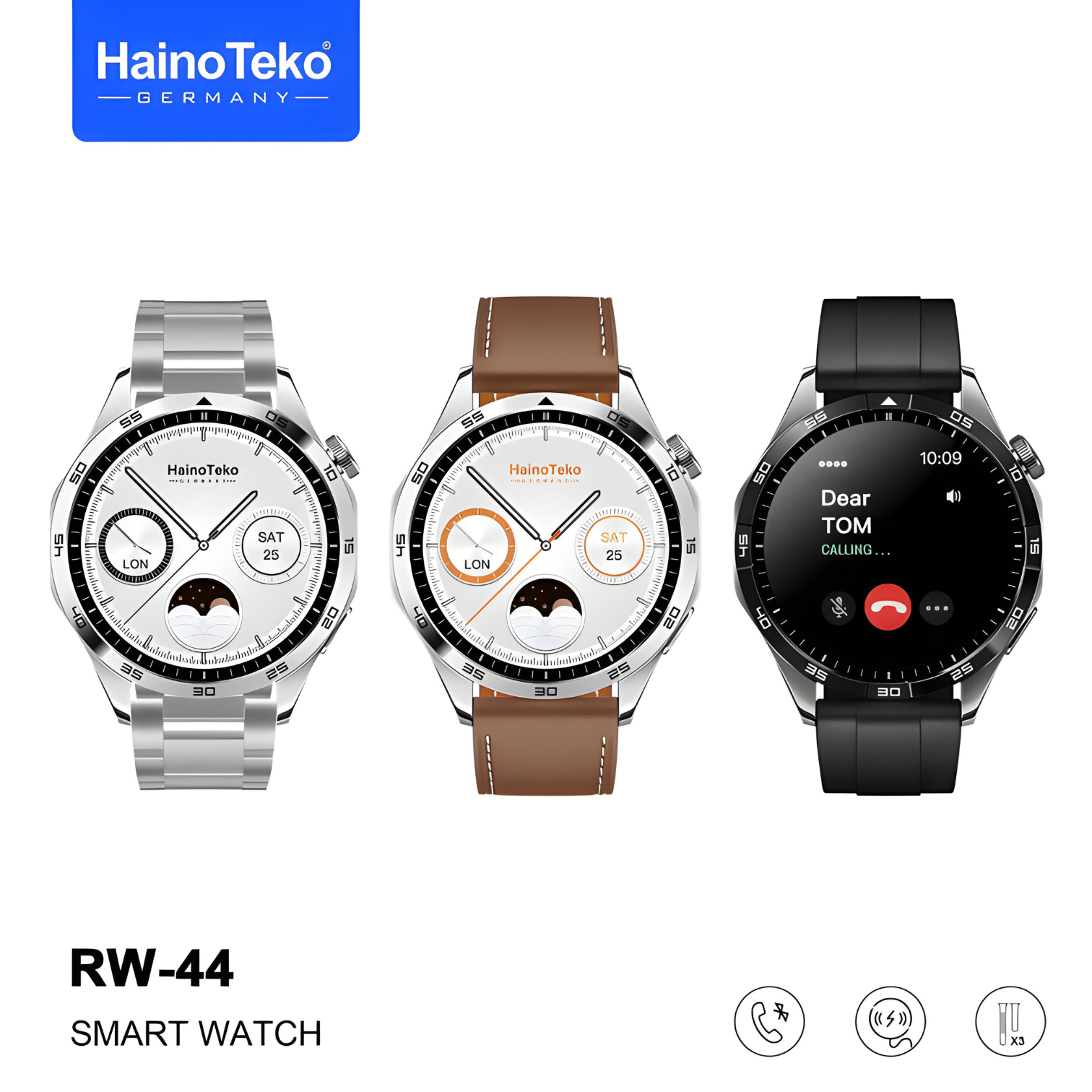 Haino Teko Germany RW44 Round Screen AMOLED Display Smart Watch With 3 Pair Straps and Wireless Charger For Gents and Boys