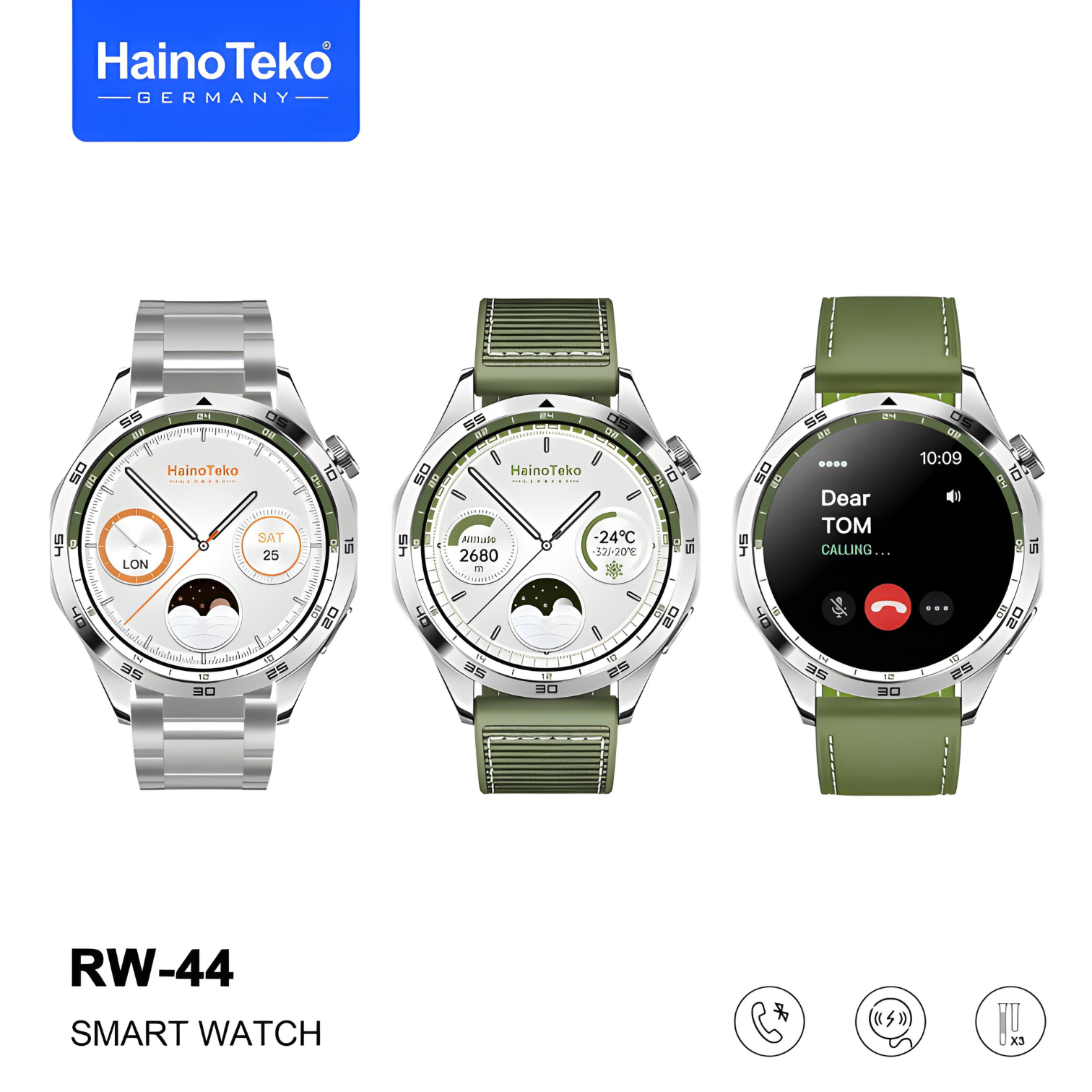 Haino Teko Germany RW44 Round Screen AMOLED Display Smart Watch With 3 Pair Straps and Wireless Charger For Gents and Boys