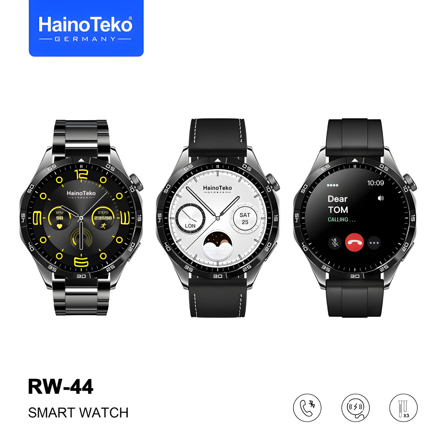 Haino Teko Germany RW44 Round Screen AMOLED Display Smart Watch With 3 Pair Straps and Wireless Charger For Gents and Boys