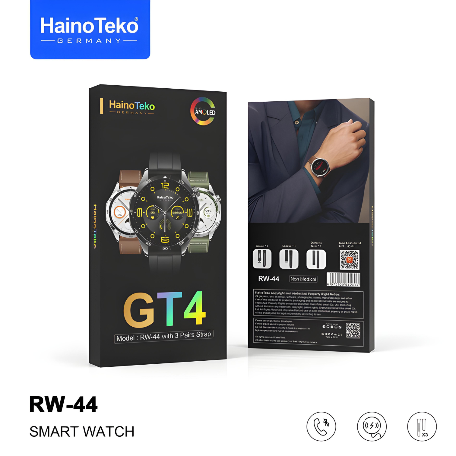 Haino Teko Germany RW44 Round Screen AMOLED Display Smart Watch With 3 Pair Straps and Wireless Charger For Gents and Boys