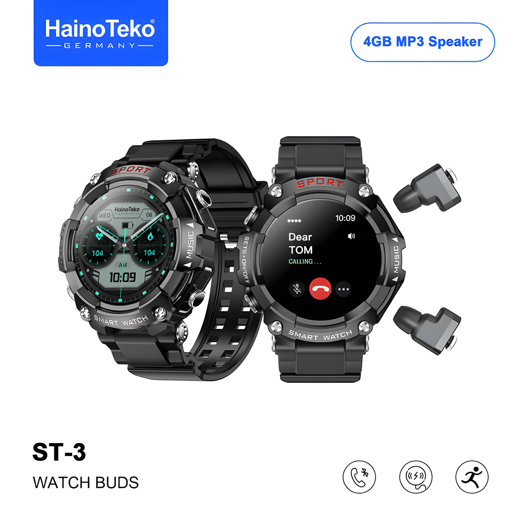 Haino Teko Germany ST-3 Watch Buds - 4GB MP3 Speakers with Voice Recorder and Amoland Display