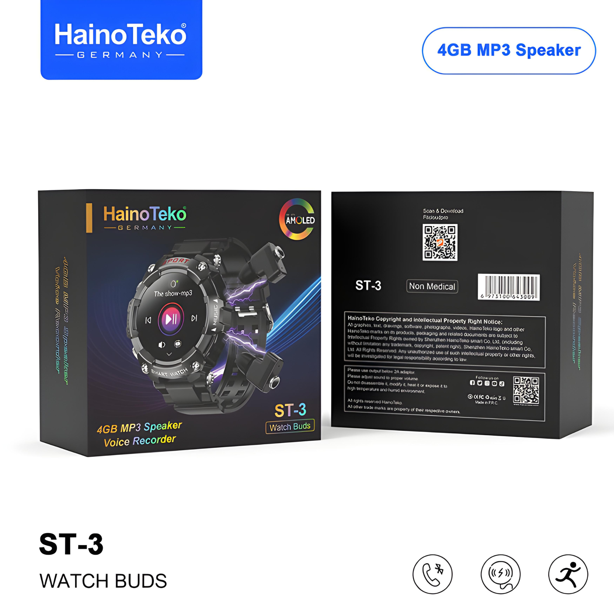 Haino Teko Germany ST-3 Watch Buds - 4GB MP3 Speakers with Voice Recorder and Amoland Display