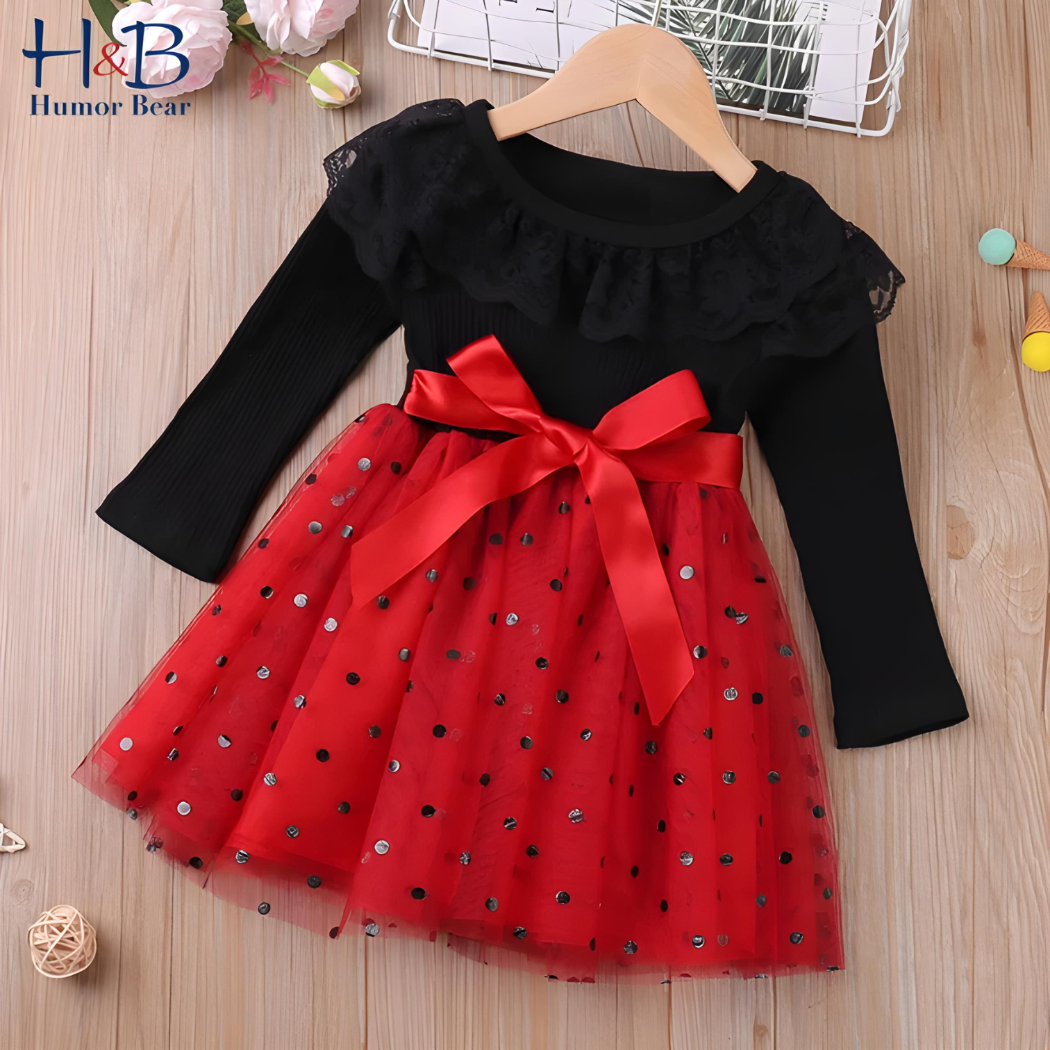 Humor Bear Girls Long Sleeve Dress Autumn New Lace Collar Mesh Yarn Patchwork Princess Dress Toddler Children Clothing