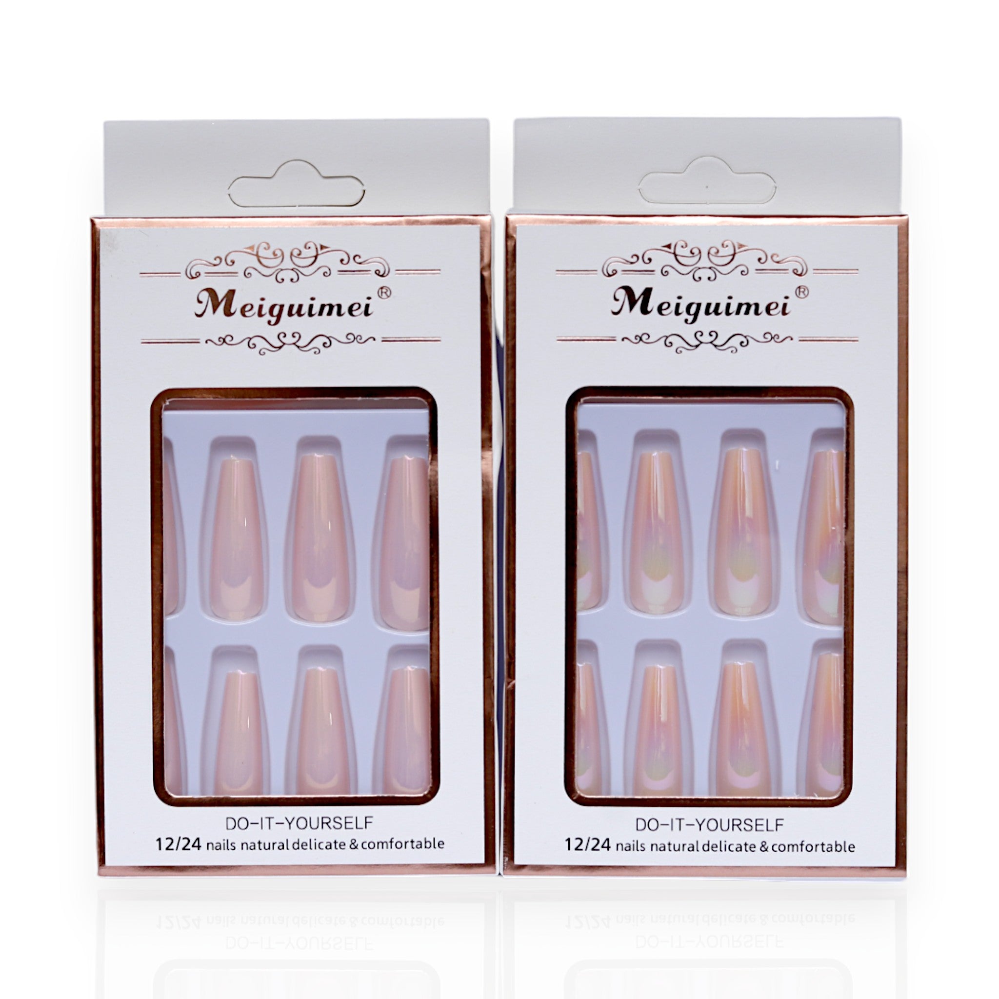 Meiguimei Press-On Nails - Natural Delicate & Comfortable Colored Coffin Nails (Glossy Pink, Long Ballerina) | Easy & Long-Lasting Nail Solution