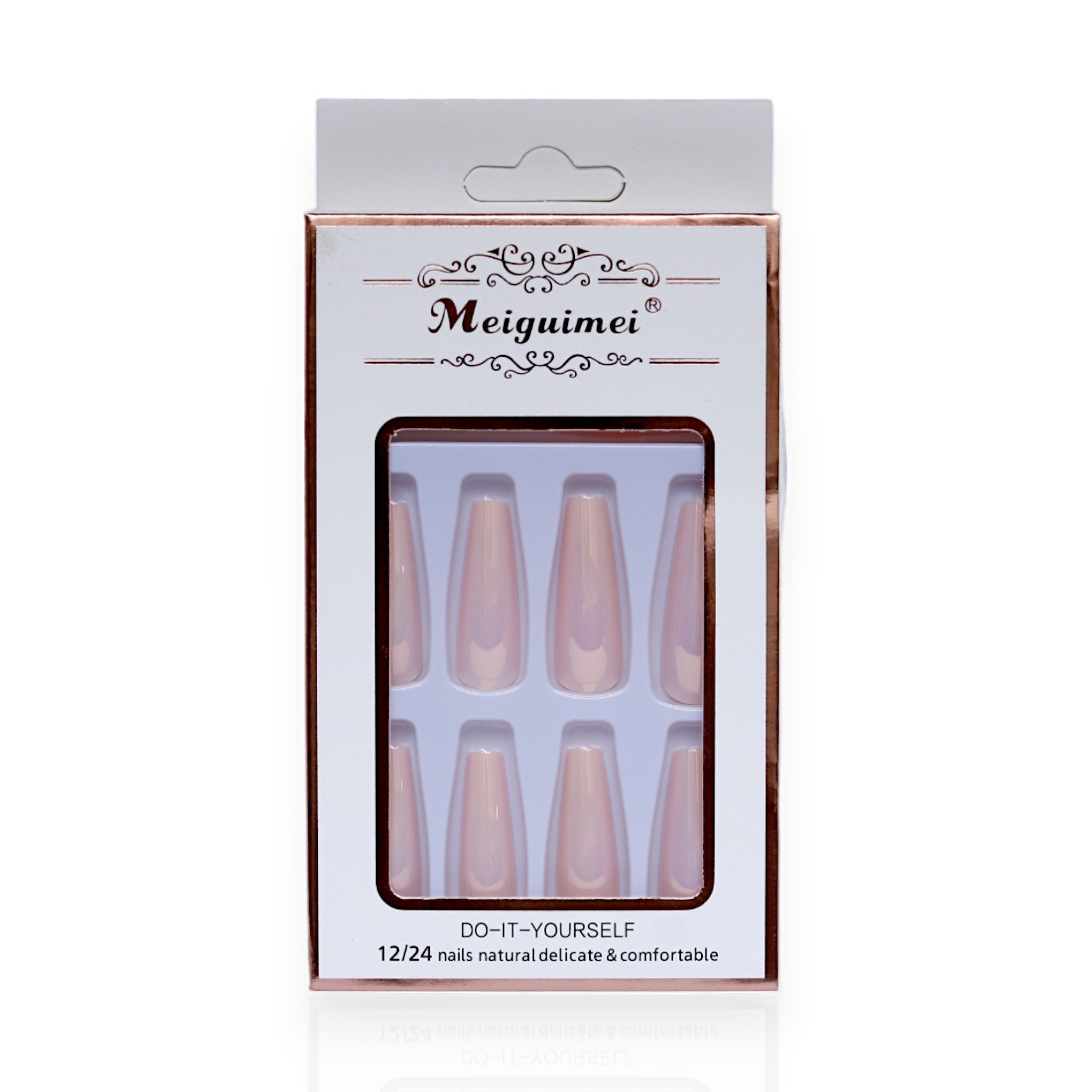 Meiguimei Press-On Nails - Natural Delicate & Comfortable Colored Coffin Nails (Glossy Pink, Long Ballerina) | Easy & Long-Lasting Nail Solution