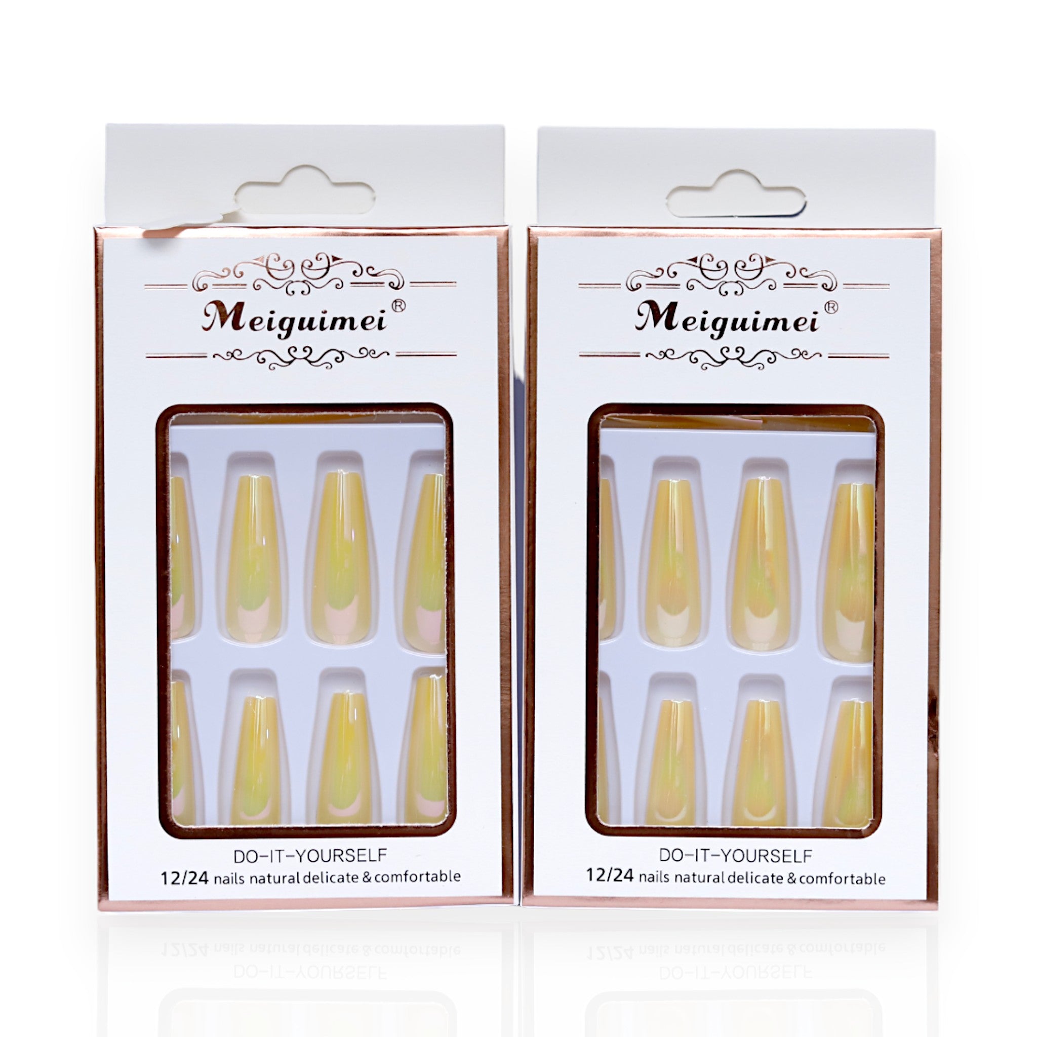 Meiguimei Press-On Nails - Natural Delicate & Comfortable Colored Coffin Nails (Glossy Yellow, Long Ballerina) | Easy & Long-Lasting Nail Solution