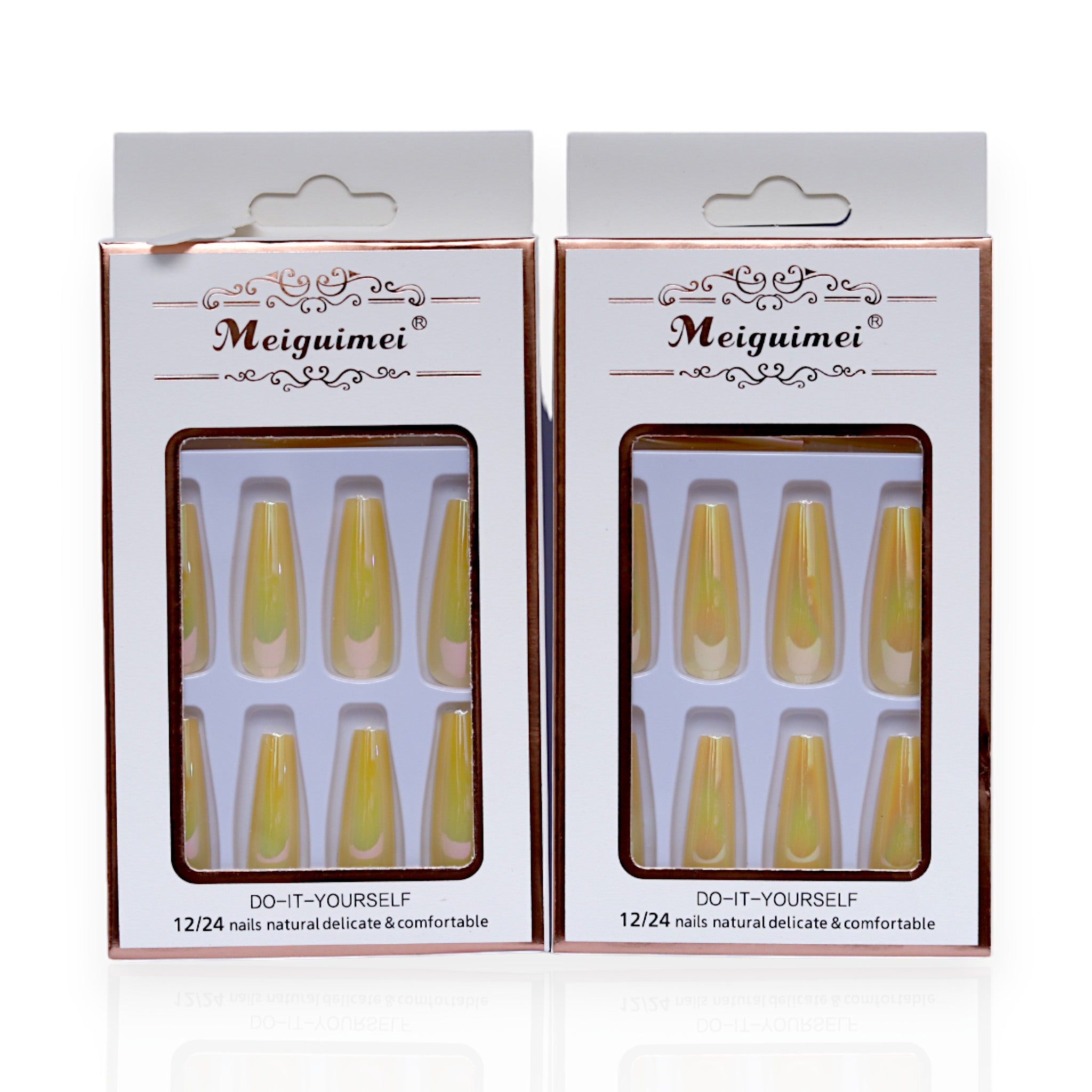 Meiguimei Press-On Nails - Natural Delicate & Comfortable Colored Coffin Nails (Glossy Yellow, Long Ballerina) | Easy & Long-Lasting Nail Solution