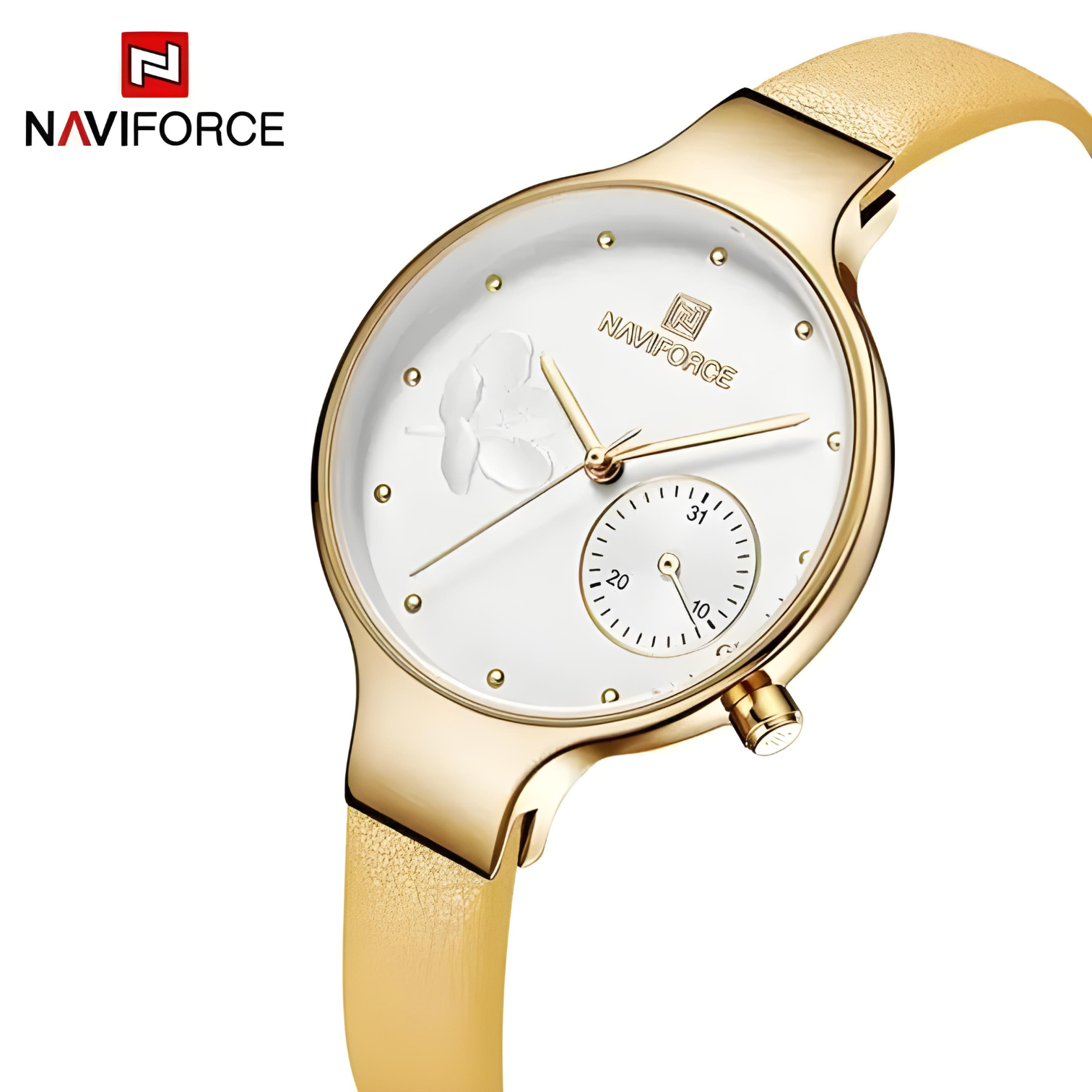 NaviForce NF-5001 Ladies Gift Watch Golden Dial with Lather Strap