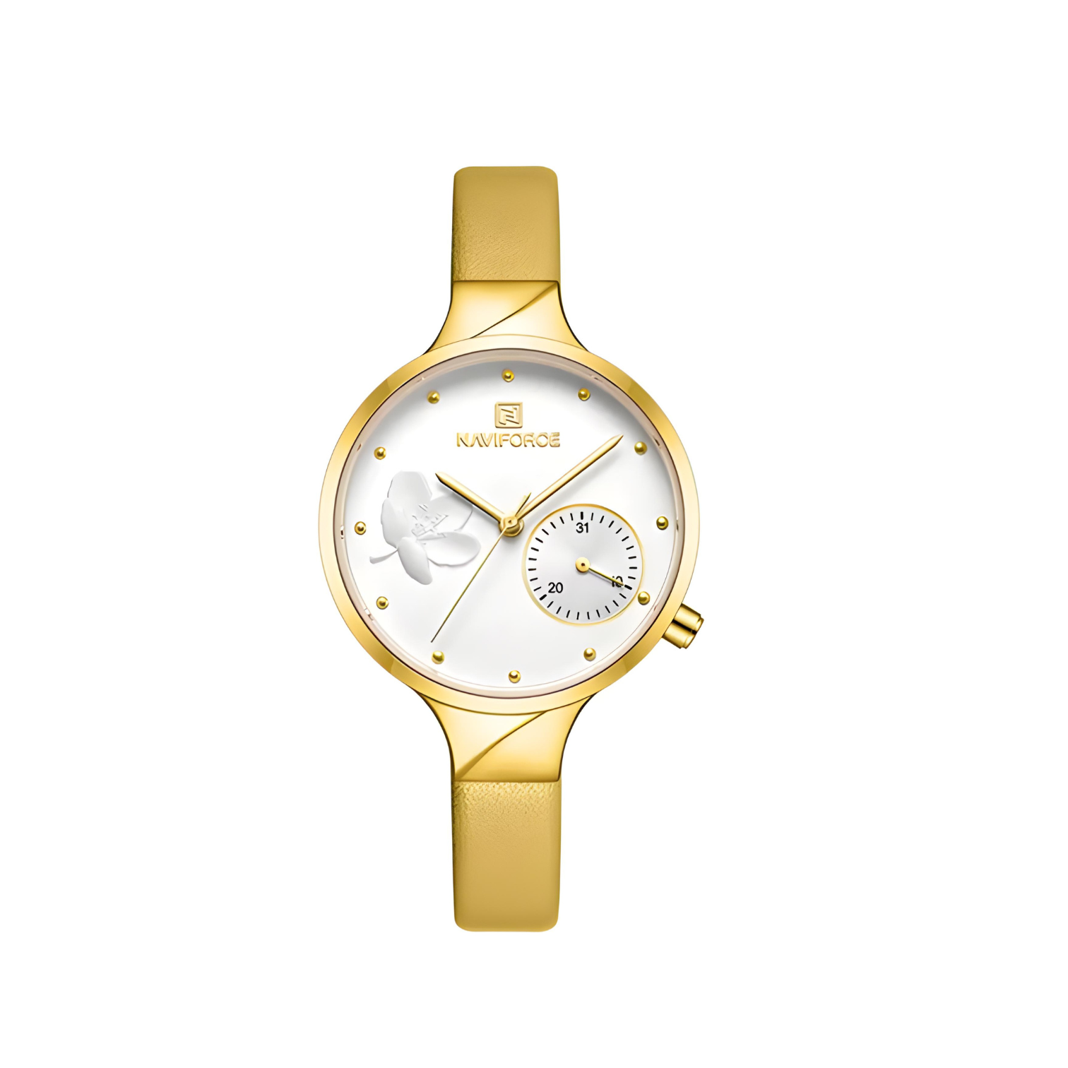 NaviForce NF-5001 Ladies Gift Watch Golden Dial with Lather Strap