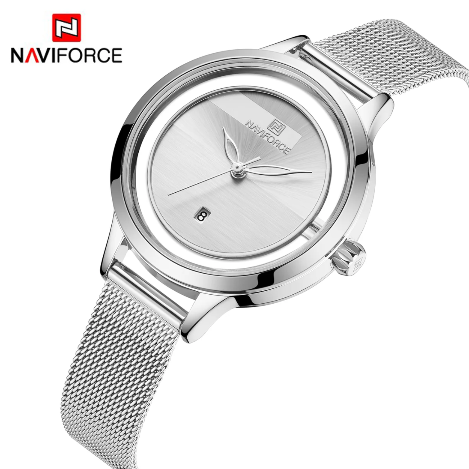 NaviForce NF-5014 Silver Analog Hand Watch With Mesh Strap 