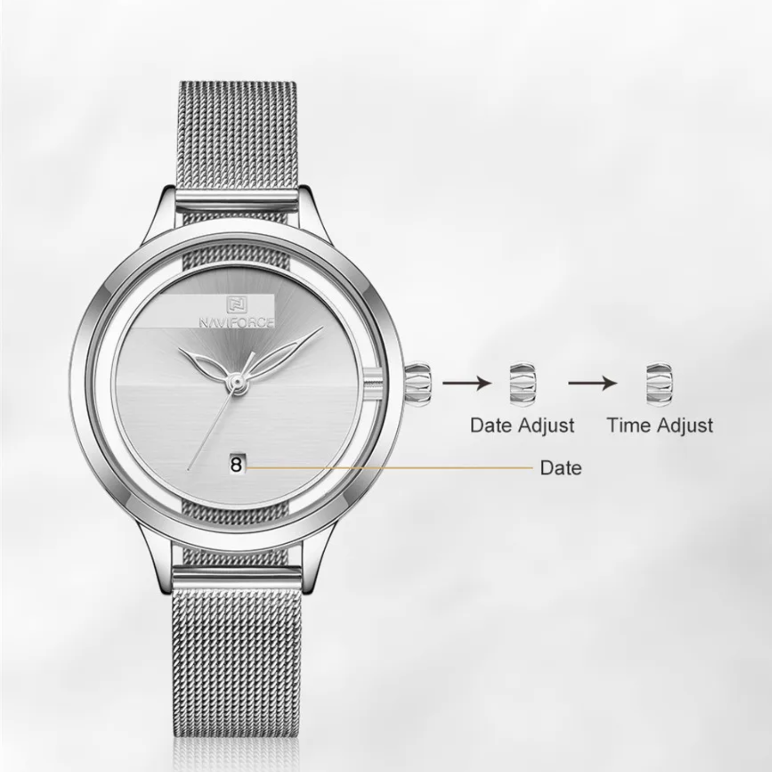 NaviForce NF-5014 Silver Analog Hand Watch With Mesh Strap 