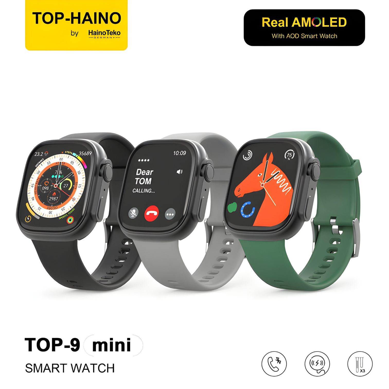 Premium Haino Teko Germany Top 9 MINI_Real AMOLED with Always on Display Smart Watch with 3 Straps_Black