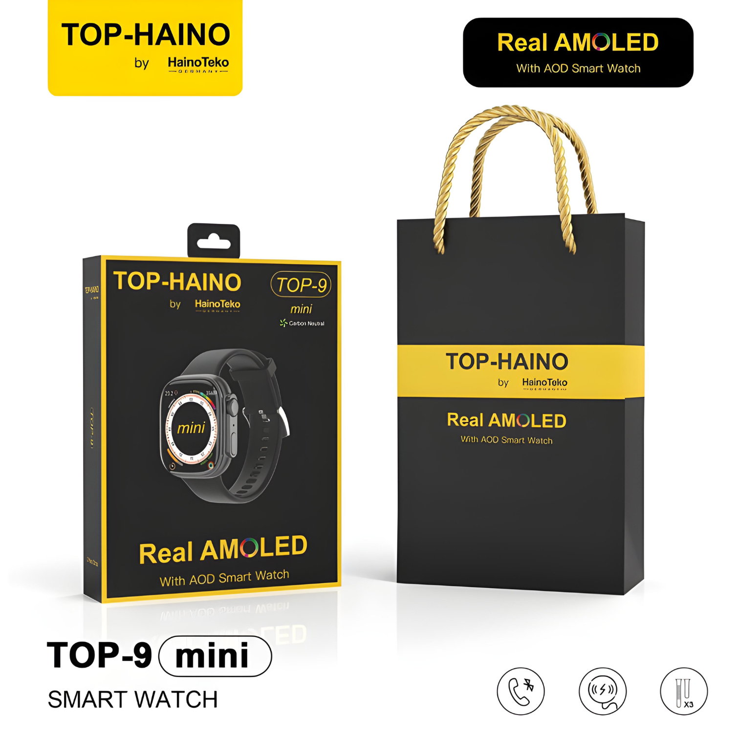 Premium Haino Teko Germany Top 9 MINI_Real AMOLED with Always on Display Smart Watch with 3 Straps_Black