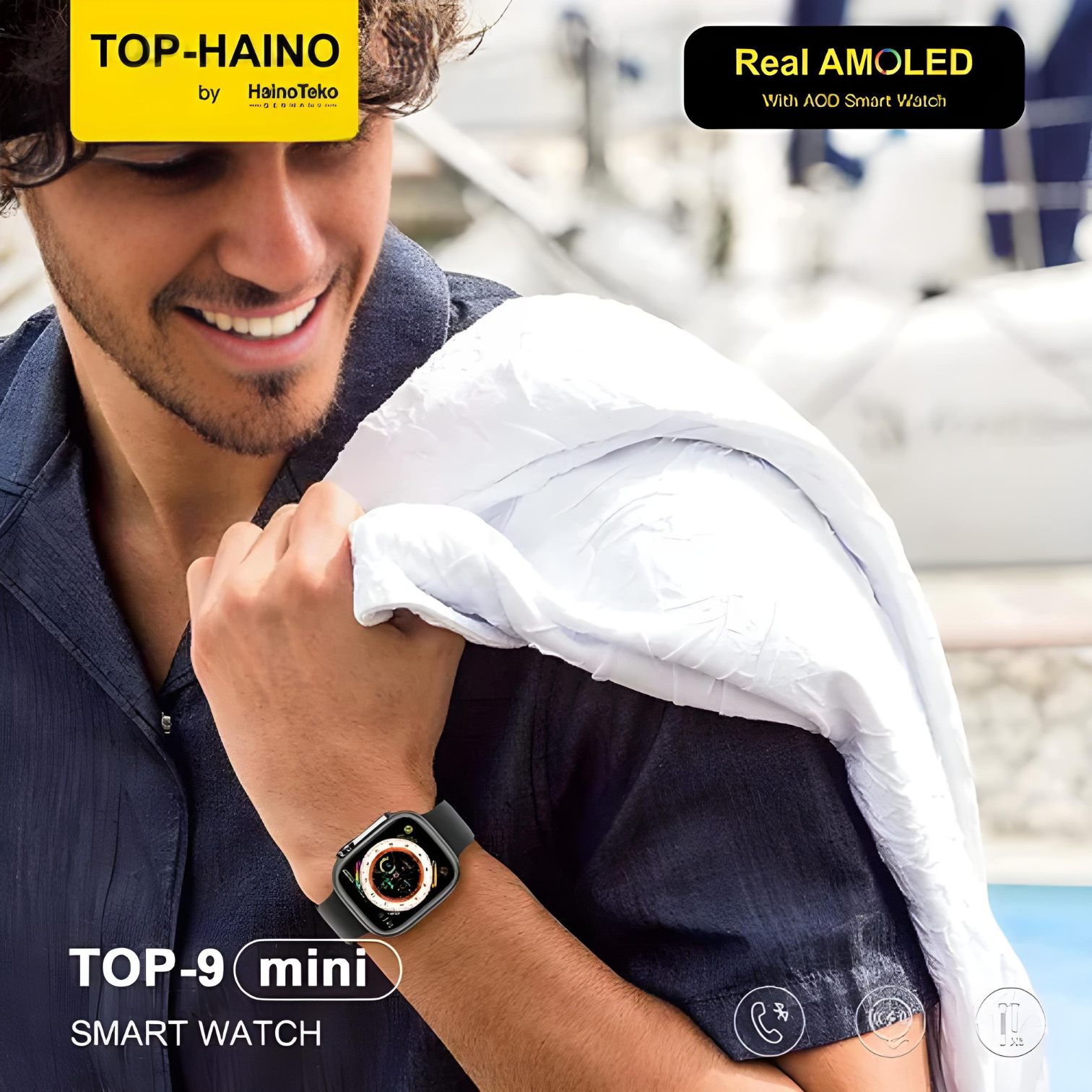 Premium Haino Teko Germany Top 9 MINI_Real AMOLED with Always on Display Smart Watch with 3 Straps_Black