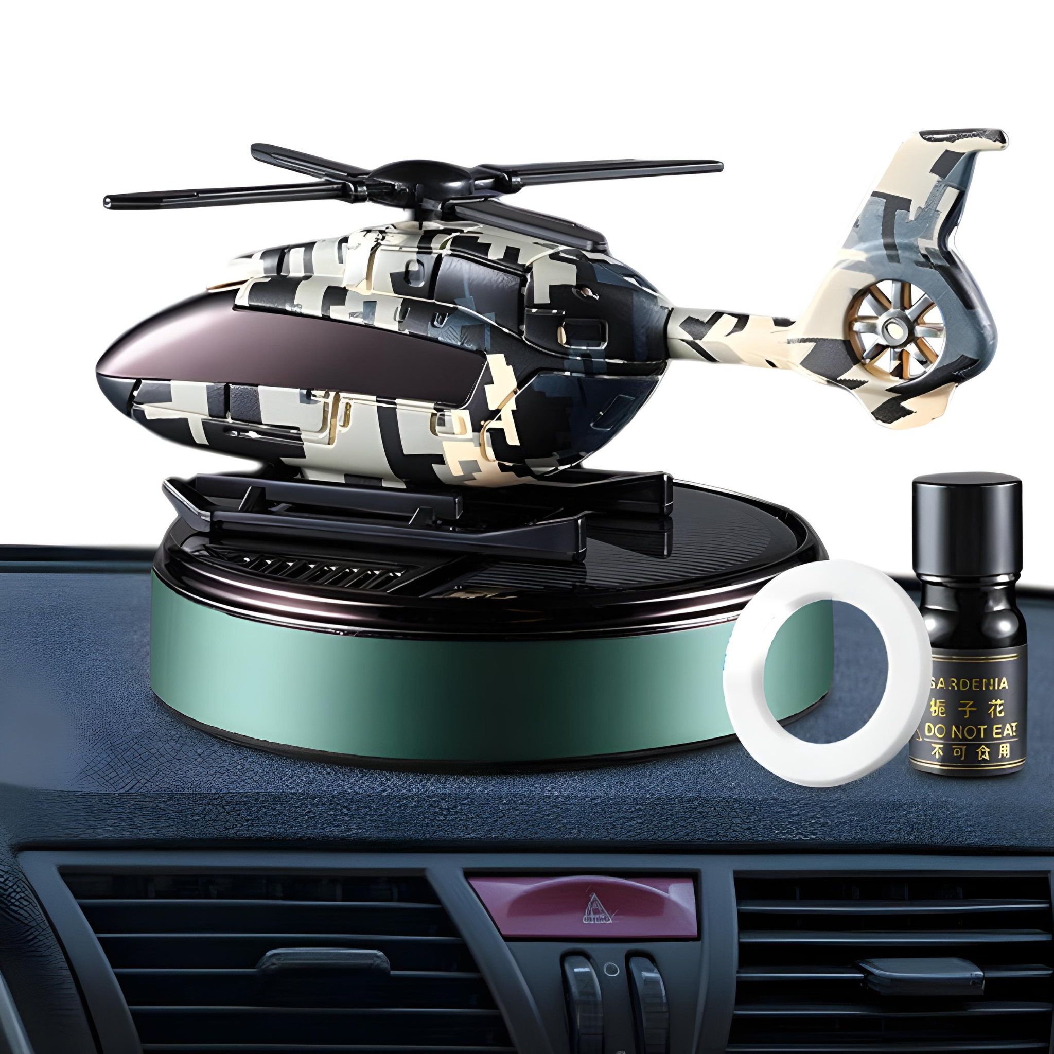 Solar Automatic Military Camouflage Helicopter Propeller Rotating Car Air Freshener | Dashboard Interior Accessories