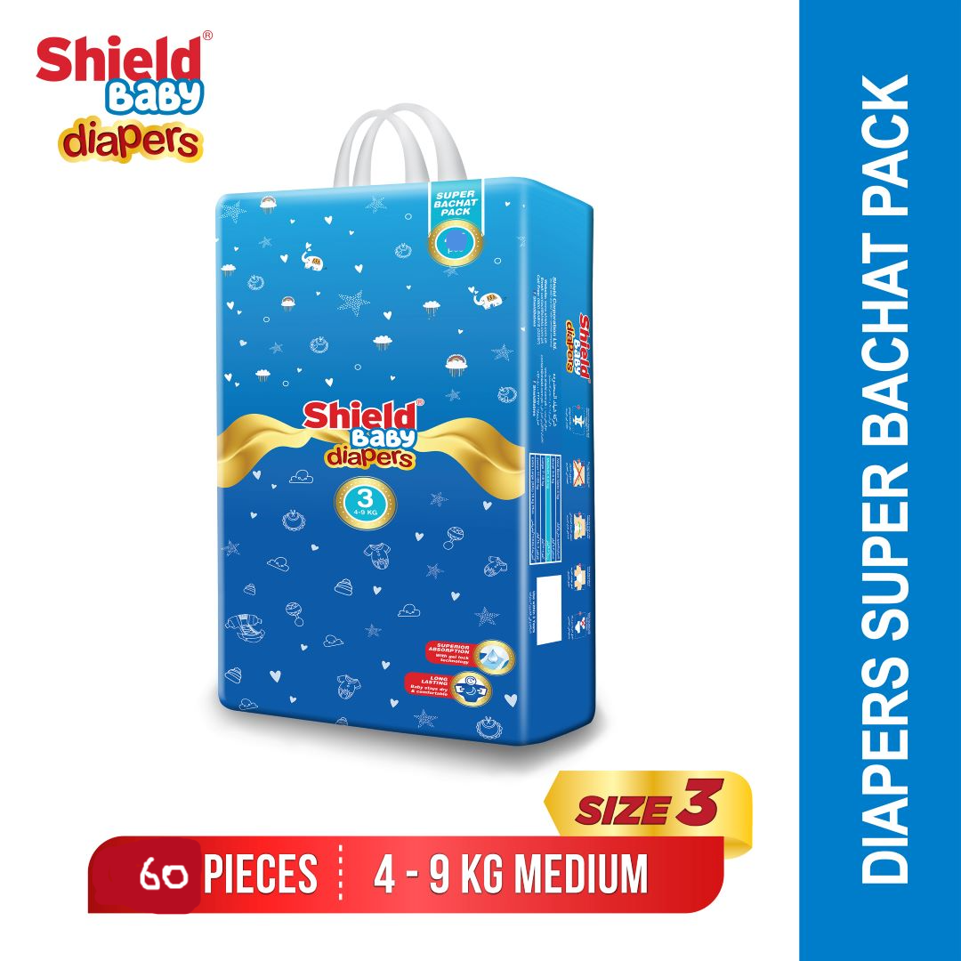 Shield Baby Diaper Super Bachat Pack Size 3 Medium (4-9Kg) 60 Count