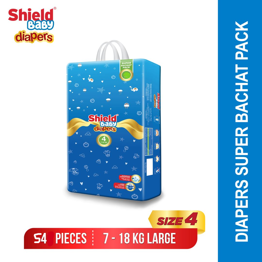 Shield Baby Diaper Super Bachat Pack Size 4 Large (7-18Kg) 54 Count